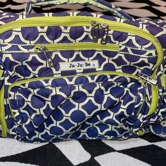 jujube diaper bag back pack sling Purple/Lime Zippers All Work good shape